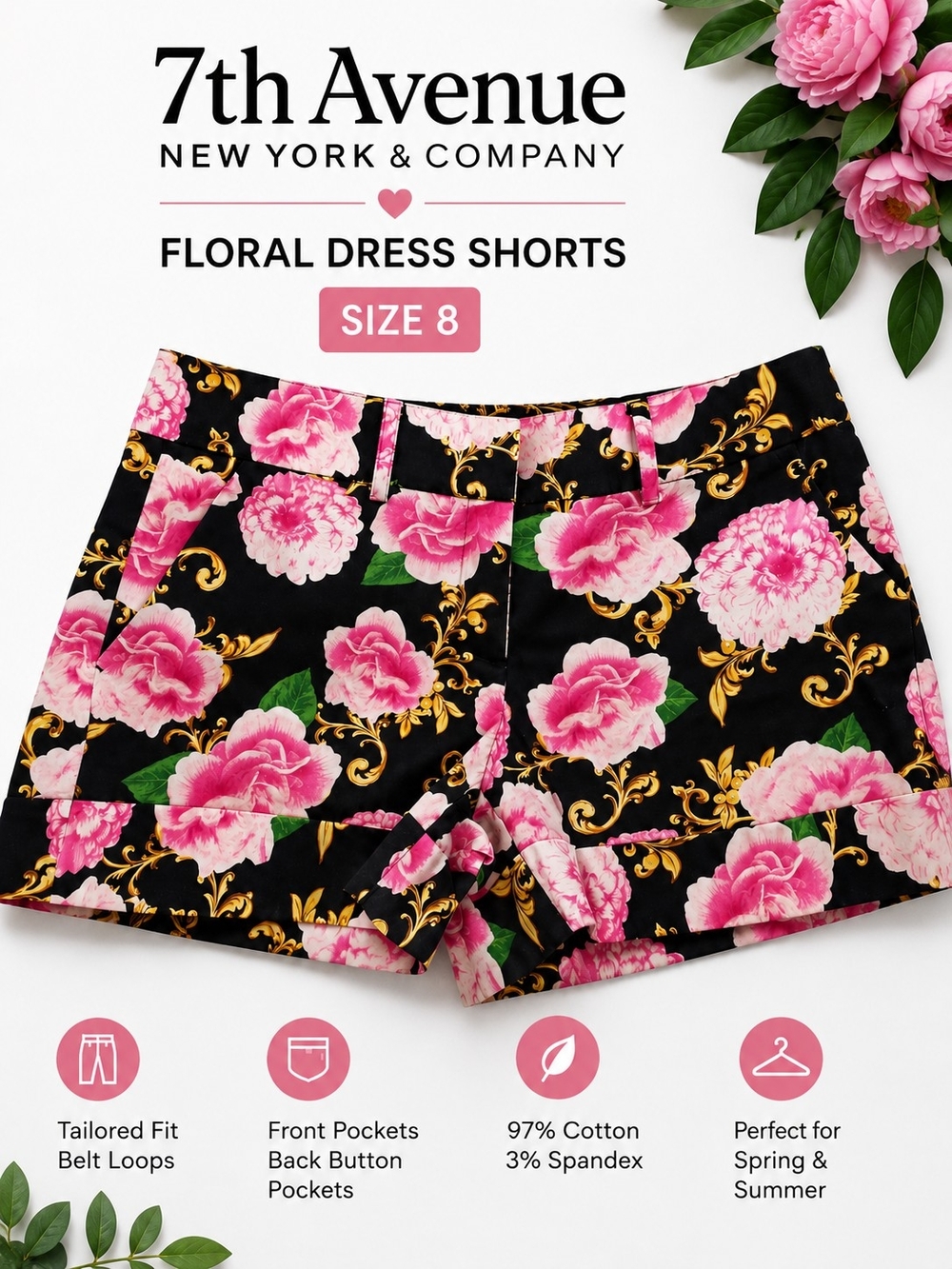 7th Avenue New York & Company Floral Dress Shorts Size 8 Romantic Chic